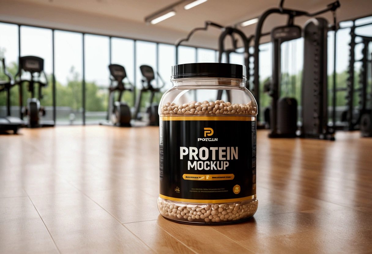 a picture of a protein jar mockup on the floor, gym in the background like in a commercial, gym out of focus