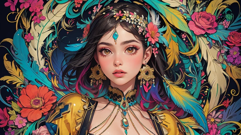 (masterpiece, quality, best quality, Official Art, Beautiful and beautiful:1.2), (1 girl:1.3), Very detailed,(Fractal Art:1.1),(colorful:1.1)(Flowers:1.3),Most detailed,(Tangled:1.2), whole body, (Abstract background:1.3), (Skin glows), (Many colors:1.4), ,(Earrings Feather:1.5),
