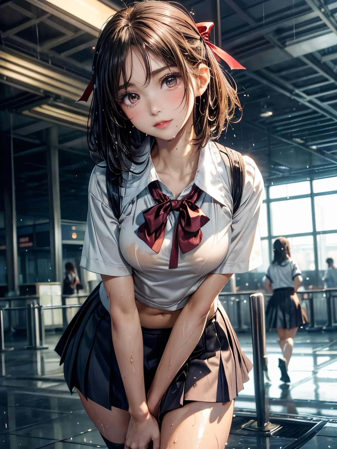1 Girl,(Very detailed肌),bent,,beautiful胸,Big Breasts,Pale skin,Pointed Chest,Erect nipples,(Fantasy art,Best image quality,surrealist portrait,(8K),Super Realistic,最high quality, high quality, High resolution, high quality texture,High detail,beautiful,become close,Very detailedなCG,become closeテクスチャー,Realistic expression,masterpiece,Presence,dynamic,bold),Ultra-thin hair),(Very soft hair),(Super Straight Hair:1.5),流した長いbangs,Hair above one eye.Black Hair、bangs、Look forward、Looking at the audience、Two-dimensional beautiful girl、(masterpiece:1.2), 最high quality,cozy anime,
窓の近くにAre standingとてもかわいくてbeautiful女の子, (Very detailedbeautiful顔),Beach,Wooden water cottage,,(smile),blush,Looking at the audience,Black Hair,Updo, (最high quality,masterpiece:1.2),Confused,High resolution,Very detailedな,Very detailed,32k,8K resolution, Intricate details,Movie Scenes,Detailed Background,alone,dynamic angle, Natural light,Particles of light,beautiful詳細な空,Perfect hands, (masterpiece:1.2, 最high quality), (Realistic, photoRealistic:1.4), beautifulイラスト, (Natural Side Lighting, Cinema Lighting), Browsing Caution,
((Look to the side, Upward glance)), (Panty shot), (whole body, Front view), 1 Girl, Japanese, 17 years old, Perfect Face, Cute symmetrical face, Shiny skin,
(Long Hair, Straight hair, Light brown hair), 非対称のbangs, Golden Eyes, Long eyelashes, (Medium chest), thin,
beautiful髪, beautiful顔, 緻密でbeautiful目, beautiful鎖骨, beautiful体, beautiful胸, beautiful太もも, beautiful feet, beautiful指,
Purple lace panties, ((Gray purple sleeveless high neck sweater, Black pleated skirt)),
(beautiful景色), evening, (road), Are standing, ((Lift your skirt yourself:1.5)), (Embarrassing, Shut your mouth.),