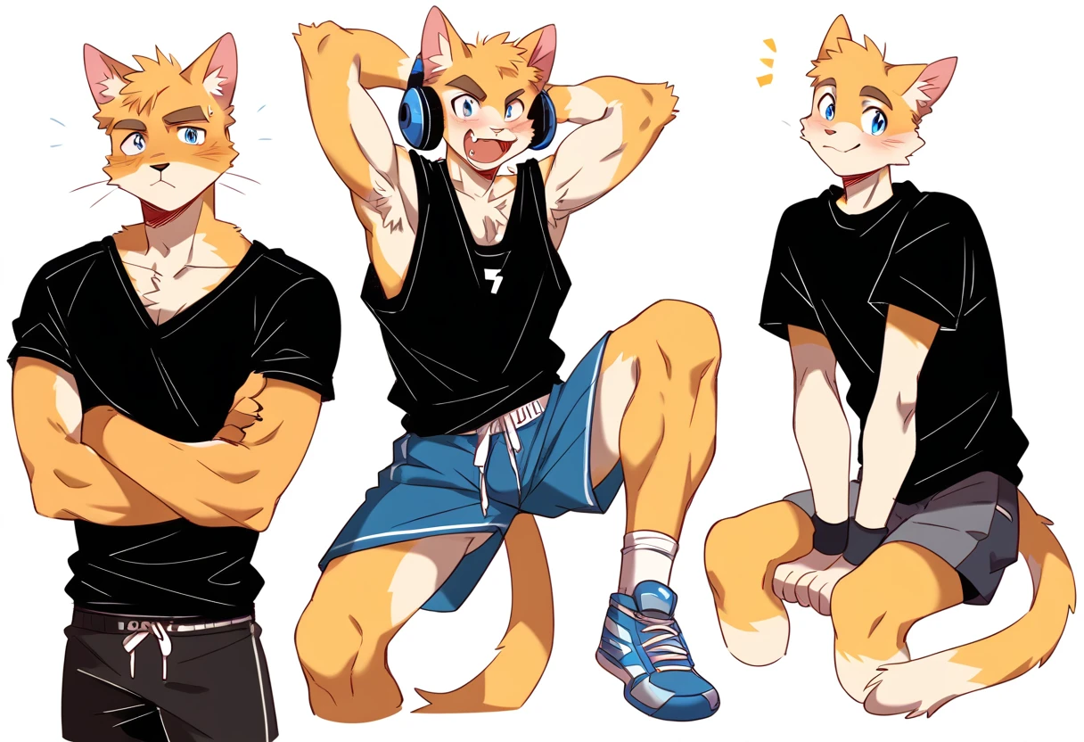 score_9, score_8_up, score_7_up, male, furry, high quality, hires, anthro, teenager, 16 years old, domestic cat, basketball player, bright yellow fur, blue eyes, wide brown eyebrows, excited expression, humanoid feet, slim body, prominent v-line, prominent abs, prominent legs, prominent forearm, prominent knees, white background, treasure trail, armpit hair, furry legs, in various sexy poses, headphones, casual clothes, joggers, black shirt, shorts, showing off, folded arms