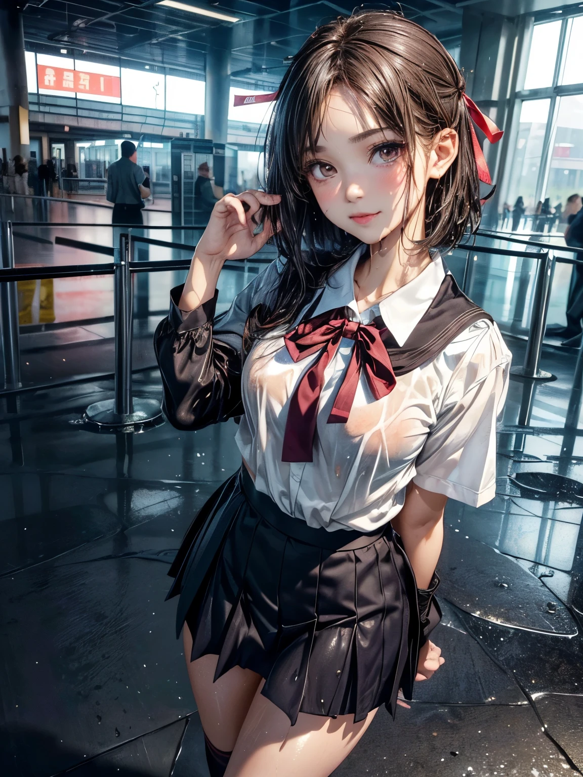 ((Best of the highest quality, 8k, Masterpiece, raw photo: 1.1)), (Sharp focus: 1.1), (1 AESPA, slim body type female, 22 y/o: 1.1), solo, Portrait Waist Up, (realistic, photo-realistic:1.37), face focus, finely small eyes, (forehead, short bob hair: 1.32), (sharp chin, droopy eyes: 1.32), (Emphasize prominent aegyo-sal with bright: 1.28), shimmering eyeshadow applied under the lower lash line, paired with thick, (small breasts, flat chest, thigh: 1.2), (short messy hair: 1.2), (wet school uniform, ribbon: 1.28), walking airport terminal, flower, (from below: 1.12), anime