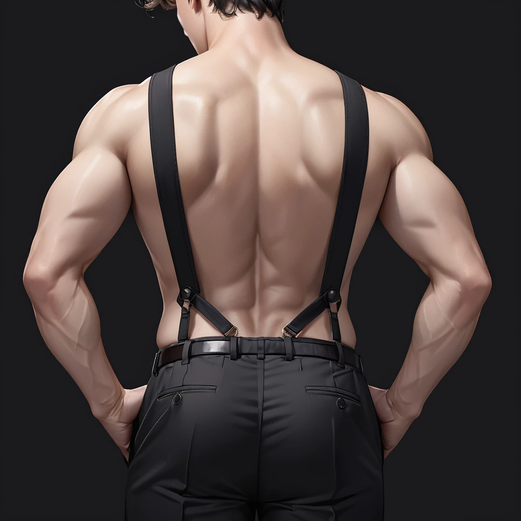 solo,black background,1 boy,arse,male accent,back to shoulder blades,black trousers,bare back,head out of frame,arse accent,trousers down,realistic.