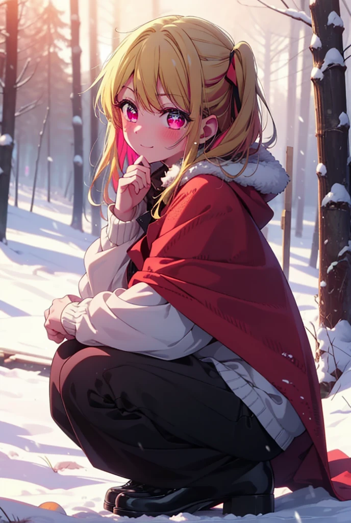rubyhoshino, Hoshino Ruby, Long Hair, bangs, blonde, (Pink Eyes:1.3), Side Lock, (Symbol-shaped pupil:1.5), Multicolored Hair, Two-tone hair, smile,,smile,blush,white breath,
Open your mouth,snow,Ground bonfire, Outdoor, boots, snowing, From the side, wood, suitcase, Cape, Blurred, , forest, White handbag, nature, Squat, Mouth closed, Cape, winter, Written boundary depth, Black shoes, red Cape break looking at viewer, Upper Body, whole body, break Outdoor, forest, nature, break (masterpiece:1.2), Highest quality, High resolution, unity 8k wallpaper, (shape:0.8), (Beautiful and beautiful eyes:1.6), Highly detailed face, Perfect lighting, Highly detailed CG, (Perfect hands, Perfect Anatomy),