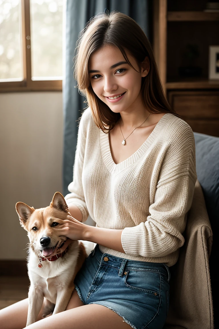 A beautiful french young woman, 18 years old, with a slender figure, wearing a short-sleeved sweater and denim shorts, smiling shyly while gently petting her dog that is sitting beside her, realistic, photorealistic, cinematic lighting, warm color tones, highly detailed, masterpiece, 8k