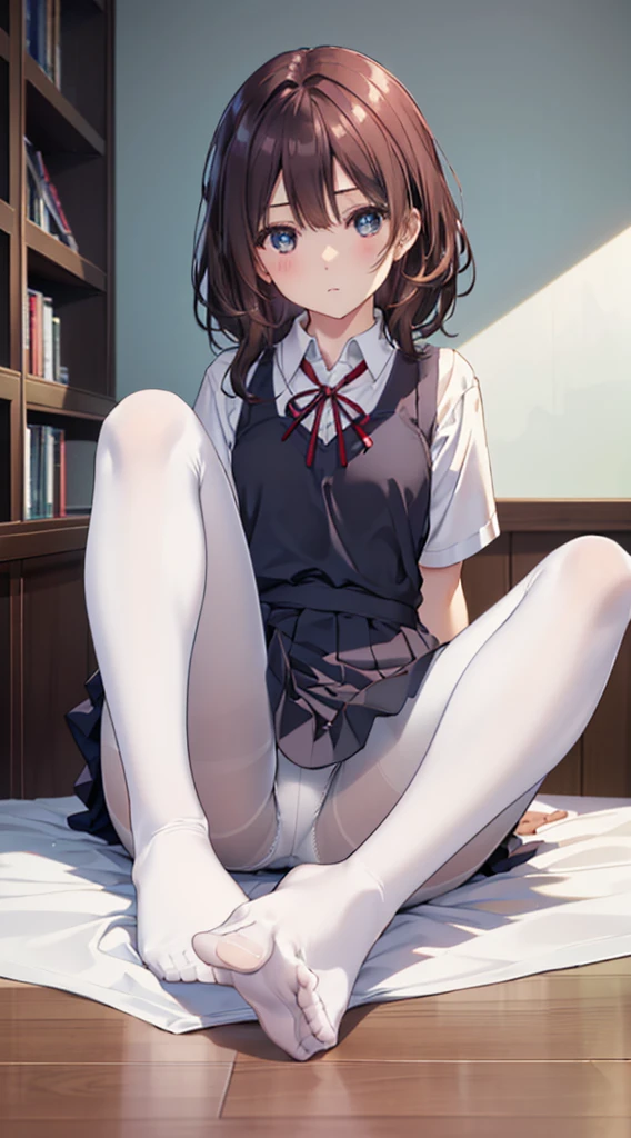 (The whole body from head to toe)、(Full Body)、(No shoes)、(blackpantyhoseの内側に白いパンティ)、(blackストッキングの内側に白いパンティ)、(Panty shot)、(Sitting with legs together)、(Sit with your knees bent and your legs apart)、(M-shaped legs)、Brown Hair、Long Hair、bangs、Highest quality、High resolution、8k wallpaper、(figure:0.8)、(Beautiful attention to detail:1.6)、(Highly detailed face)、Perfect lighting、Highly detailed CG、Perfect hands、Perfect Anatomy、Thin legs、(Small Tits)、Sitting on the floor、Sleep on your back、Spread your legs、Look forward、Configuration from below、Positive、Turn your lower body forward、In 8K、Highest quality、The real picture、Intricate details、Ultra-detailed、超High resolution、Depth Field、(Photorealistic、Realistic:1.2),masterpiece, 0.25 :: Front shot、From the center、One Girl、Very beautiful 17 year old girl、See the face and feel、Big eyes、Sexy pose、Fascinating、Perfect Skin、(Small breasts)、Narrow waist、Light blush、solo、Looking at the audience、Five perfect fingers、Small toes、sweating、 wear((School_uniform)、White shirt、Collared shirt、Pleated dress、Grey Dress、(black_pantyhose:1.2)、 blackストッキング、blackpantyhose、(Sculpture Pose:1.1)、 Showing her white panties、Panty shot、Spread your legs、Open legs、Wide-open legs、bedroom 、On the bed