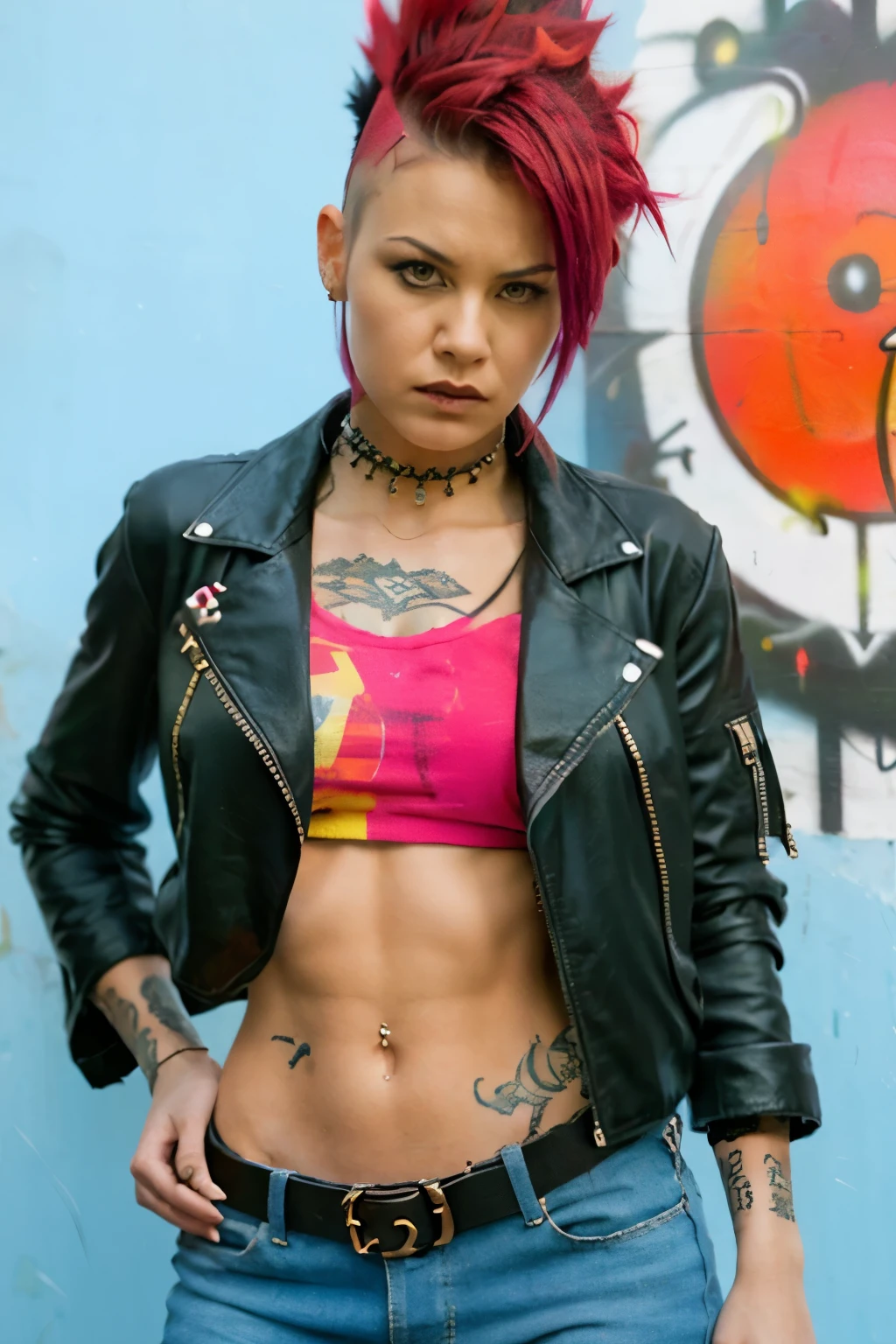 (work of art, best qualityer:1.2), 1 girl ,intrincately detailed, "Punk Girl", in dynamic pose, ((mohawk hair, red punk hair, angry face, wearing a black jacket, Rocket style, tattooed , hot body, abs)) . Shallow depth of field, vignette, highy detailed, high budget, bokeh, cinemascope, temperamental, epic, marvelous, film grain, grainy. ((Abandoned grafitti wall background)).