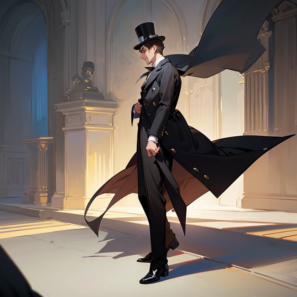 masterpiece, Highest quality, Realistic, 1 person, Mature Men, A quiet and attractive young man, Age 25, Close ~ eyes, Serious expression, Highly detailed face, ((Dark grey eyes)), ((Short dark brown hair swept to the right)), [Thick eyebrows], Thief, city, ((Wearing a classic overcoat and top hat)), Cinema Lighting, Looking at the audience, Postural dynamics,Side angle、((Full body view))
