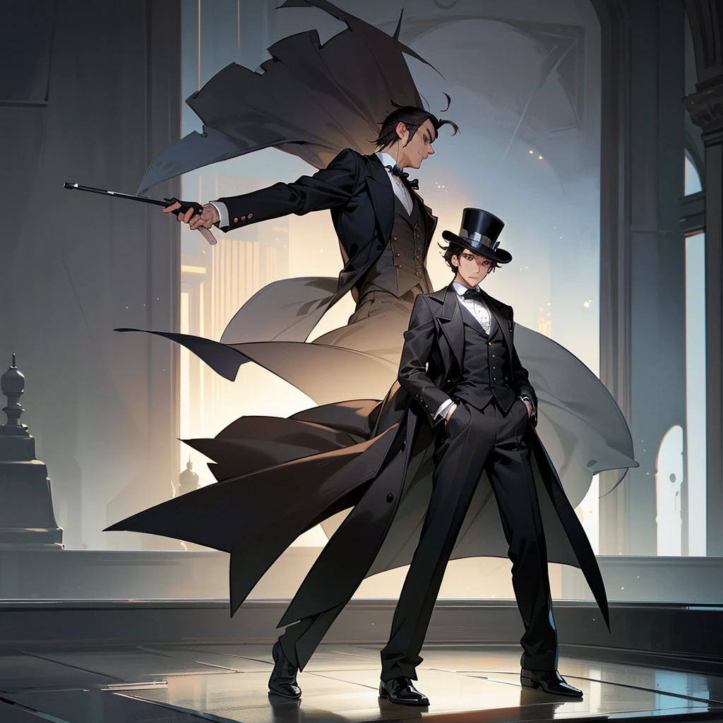 masterpiece, Highest quality, Realistic, 1 person, Mature Men, A quiet and attractive young man, Age 25, Close ~ eyes, Serious expression, Highly detailed face, ((Dark grey eyes)), ((Short dark brown hair swept to the right)), [Thick eyebrows], Thief, city, ((Wearing a classic overcoat and top hat)), Cinema Lighting, Looking at the audience, Postural dynamics,Side angle、((Full body view))