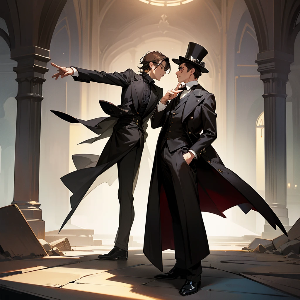 masterpiece, Highest quality, Realistic, 1 person, Mature Men, A quiet and attractive young man, Age 25, Close ~ eyes, Serious expression, Highly detailed face, ((Dark grey eyes)), ((Short dark brown hair swept to the right)), [Thick eyebrows], Thief, city, ((Wearing a classic overcoat and top hat)), Cinema Lighting, Looking at the audience, Postural dynamics,Side angle、((Full body view))