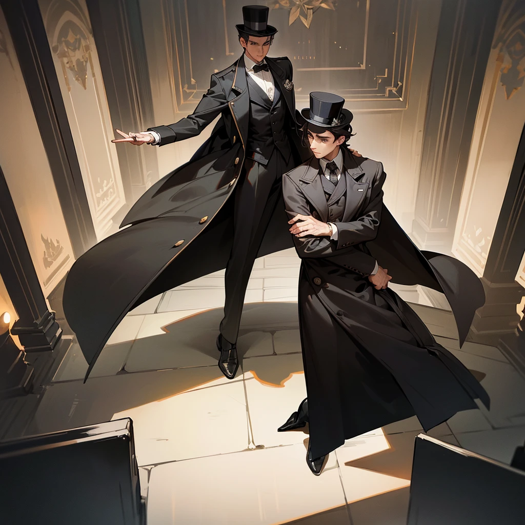 masterpiece, Highest quality, Realistic, 1 person, Mature Men, A quiet and attractive young man, Age 25, Close ~ eyes, Serious expression, Highly detailed face, ((Dark grey eyes)), ((Short dark brown hair swept to the right)), [Thick eyebrows], Thief, city, ((Wearing a classic overcoat and top hat)), Cinema Lighting, Looking at the audience, Postural dynamics,Side angle、((Full body view))
