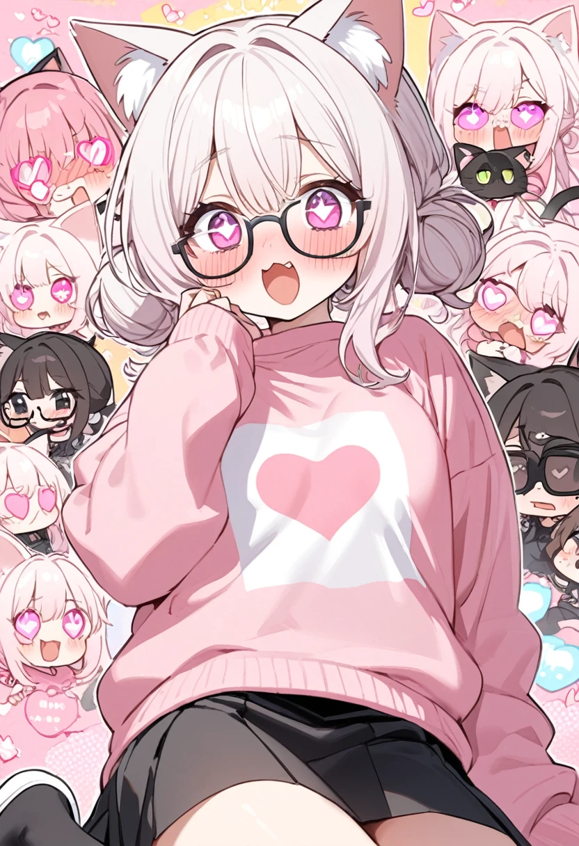I have white pink hair, cat ears, a bun, my face is super blushing, black glasses, pink heart eyes, a big pink sweatshirt, a black skirt, black stockings, white shoes, a cat's tail, a girl. very shy that they are grabbing her breasts
