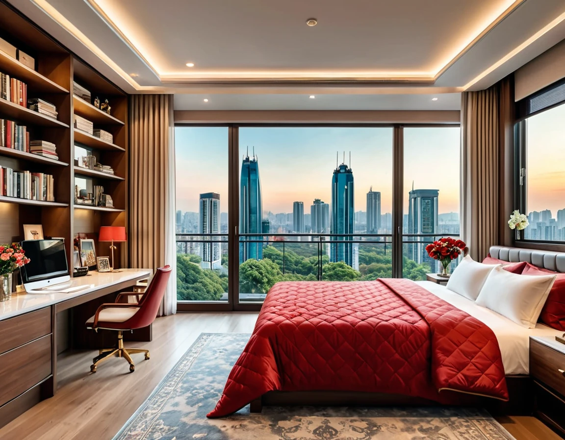 8K picture quality，Best quality，masterpiece，HD，Super rich detail，detailed，Red cozy bedroom，Large Windows，Floor-to-ceiling windows，Extra large glass windows，Big bed，There are pillows on the bed，Quilt，Essas roupas，notebook，There is a cabinet next to it，There are bookcases，There is a table，There are chairs，There are curtains，Air conditioning，There are flowers，There is a wardrobe，There are carpets，Overall very comfortable，extremely clean，very useful，Large Windows，The scenery outside the window is a panoramic view of the city, high-rise buildings, streets, urban scenery, urban landscape，Night view