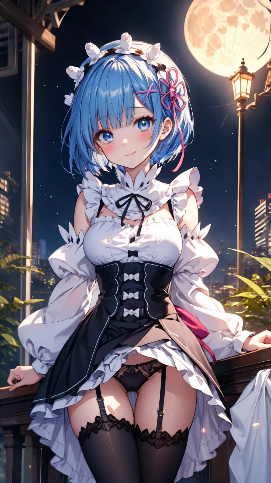 (Highest quality),(masterpiece), 8k,Very detailed, Detailed light, Best Shadow,Detailed reflective eyes, Beautiful Eyes, Very detailedな顔,Shiny Hair,sexy,Big Breasts,Charm,One person,Gloss,Rem,Re:Zero,Blue Hair,blue eyes,full moon,Fantasy,Charm, Blushing,Expressionless,tearsを流す,tears,looking at the camera,front,garter belt,tights,Maid服,Maid,