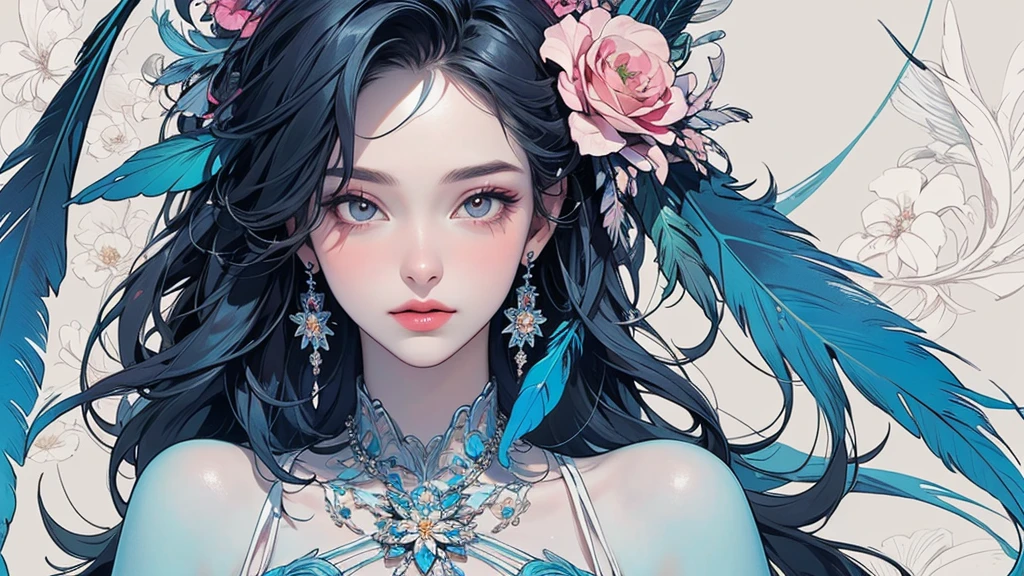 (masterpiece, quality, best quality, Official Art, Beautiful and beautiful:1.2), (1 girl:1.3), Very detailed,(Fractal Art:1.1),(colorful:1.1)(Flowers:1.3),Most detailed,(Tangled:1.2), whole body, (Abstract background:1.3), (Skin glows), (Many colors:1.4), ,(Earrings Feather:1.5),