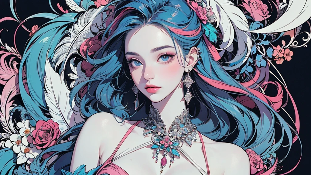 (masterpiece, quality, best quality, Official Art, Beautiful and beautiful:1.2), (1 girl:1.3), Very detailed,(Fractal Art:1.1),(colorful:1.1)(Flowers:1.3),Most detailed,(Tangled:1.2), whole body, (Abstract background:1.3), (Skin glows), (Many colors:1.4), ,(Earrings Feather:1.5),