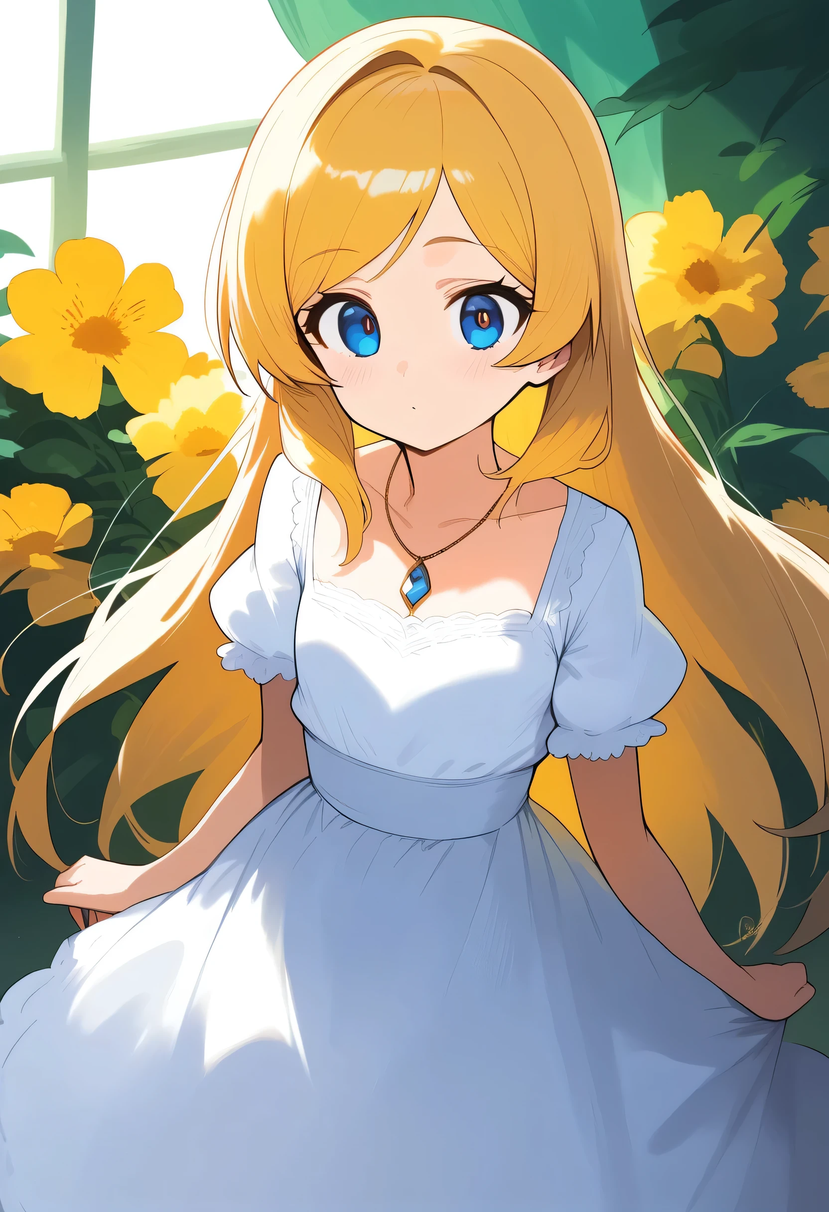 Face: Round and cute. Blue eyes. Hair: Short and slightly wavy. Blonde. Body: Small and delicate. She is about 120 centimeters tall.
Dress code: Wear clothes that reflect her natural side. Her outfit is usually made of light colored linen, white. Accessories: Iris often wears a silver necklace with a flower pendant.