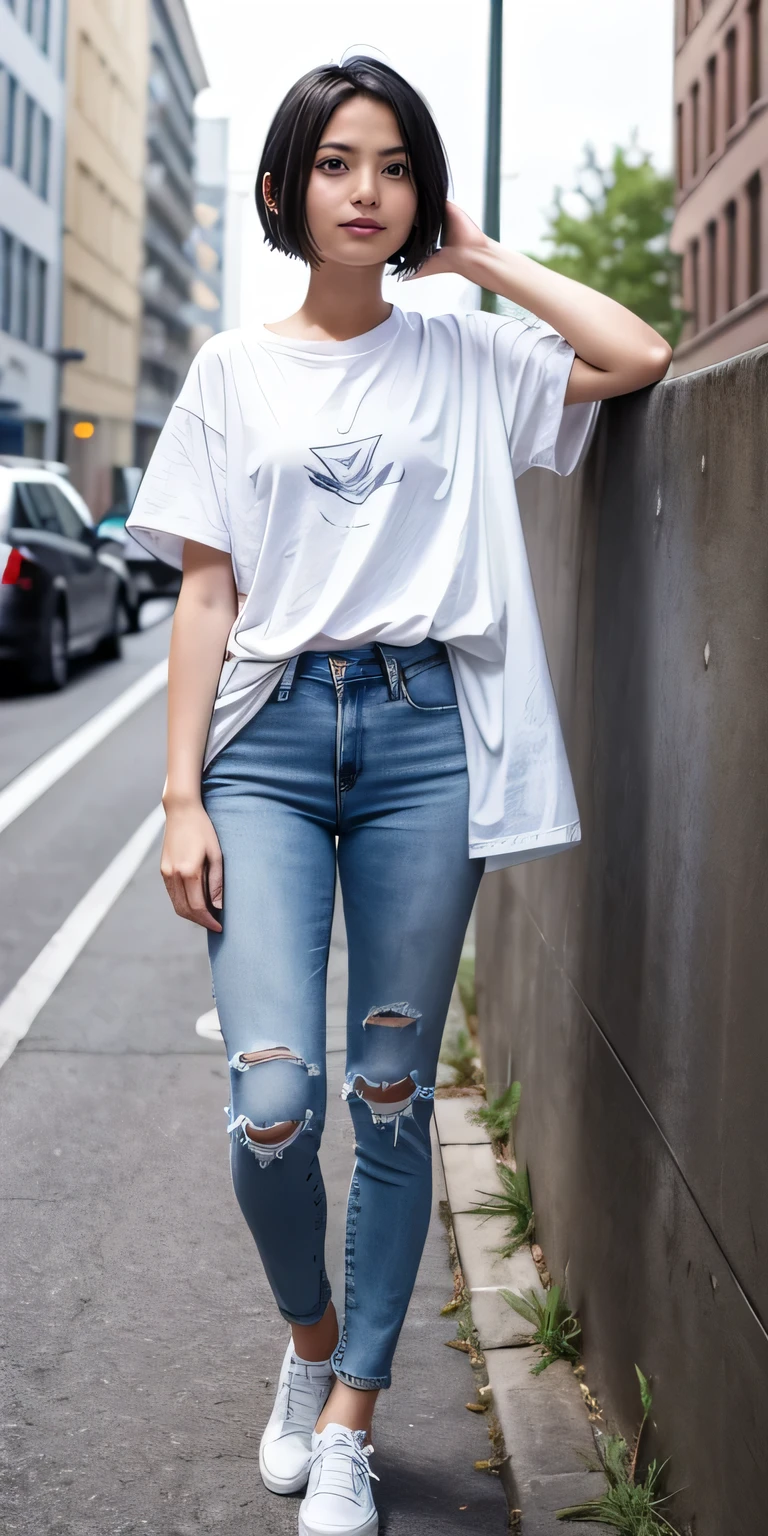 beautiful girl, Black Hair、,Short Haircut、Ear piercing、 white t-shirt, gray coat, Skinny jeans、sneakers、smile、Beautiful teeth alignment、The background is the building&#39;s corridor.