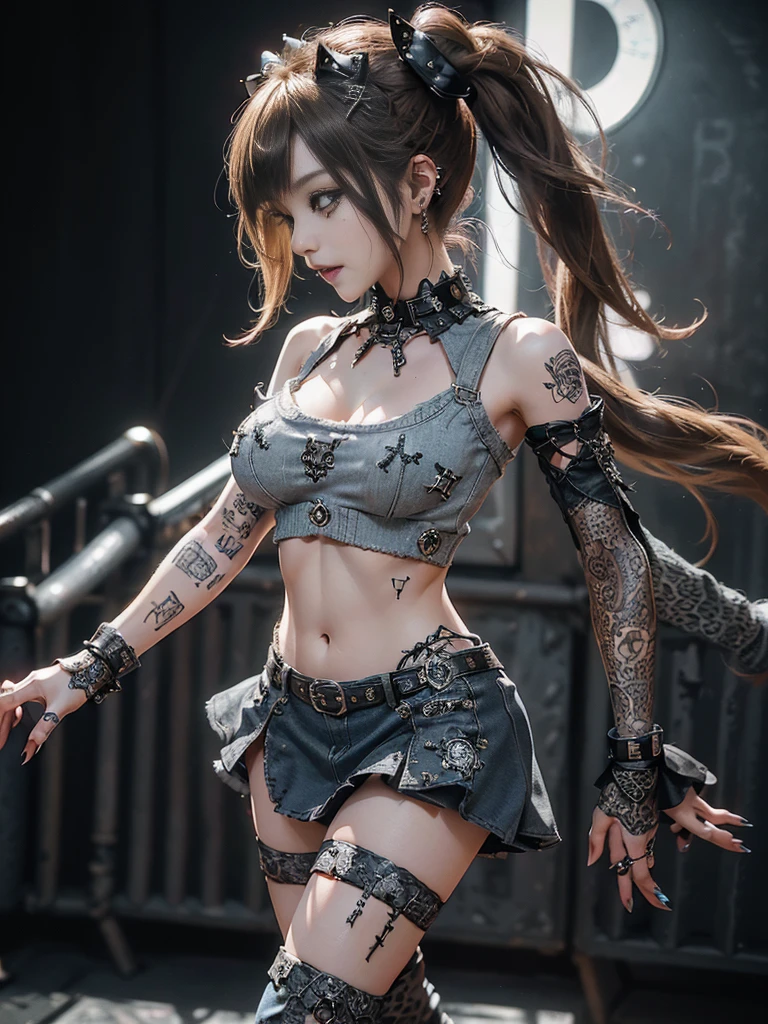 (Full Body View:1.2)、(Side view:1.2)、(Smiling with teeth showing:1.3),(Hollywood actress:1.5)、(Gothic Lolita style fashion:1.5)、(Punk RockVisual Kei:1.5)、(Wearing a sweater with intricate decoration:1.4)、(A mini skirt with delicate white, denim and charcoal embellishments.:1.5)、(Denim, light blue and leopard print boots:1.3)、((belt))、(Numerous intricate patterns all over the costume:1.4)、(collar:1.3)、(Leopard print underwear:1.5)、20-year-old、NSFW、((Highest quality、In 8K、masterpiece:1.3))、Sharp focus:1.2、(Layered Cut、Huge boobs:1.1),Beautiful woman with perfect figure:1.4、(Dancing vigorously:1.3)、Slender Abs:1.2、Highly detailed face and skin texture、Detailed eyes、double eyelid,(Twin tails:1.3)、(Brown-golden hair:1.3)、Gravure idol、(The background is the stage of the fashion show:1.3)、(Slim Body:1.3),(Make your legs thinner:1.4),(clavicle:1.1)