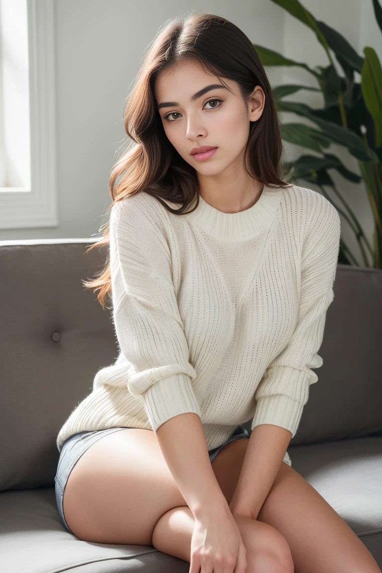 beautiful detailed young woman, 18 years old, black short sleeve sweater, visible legs, (best quality,4k,8k,highres,masterpiece:1.2),ultra-detailed,(realistic,photorealistic,photo-realistic:1.37),elegant,graceful,natural light,soft lighting,warm colors,detailed facial features,long eyelashes,full lips,glowing skin,portrait,fashion photography