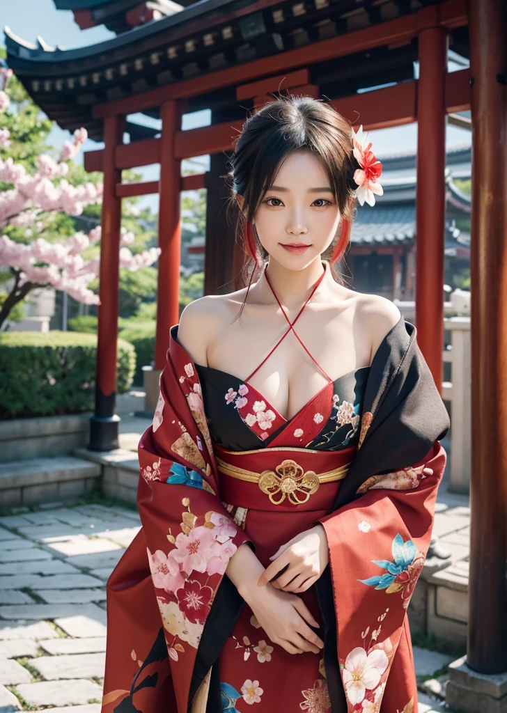 Diffuse lighting、 Highest quality, High resolution, unity 8k wallpaper、Supersaturation, colorfulに, 8k解像度, 1 female、Japanese、23 years old、Close-up portrait、Wearing a red dress,真night中、The area is pitch dark、night、full moon、moonlight、Fantasy、mysterious、Standing in front of the red torii gate、Woman with a Fan, onmyoji, onmyoji detailed art, onmyoji portrait, 4K, 8k, Vibrant, Splash Art , Onmyoji、Spirit medium、colorful, educate, onmyoji, kimono, alone, Holding, cherry blossoms, kimono, flower,Red Bikini、Bikini with red string、female, hair ornaments, In-person audience, hair flower, Wide sleeves, flowerびら, Long sleeve, smile, architecture, lanthanum, White skin, east asian architecture, Hair above the eyes, Open your mouth, Outdoor, Upper body close-up、