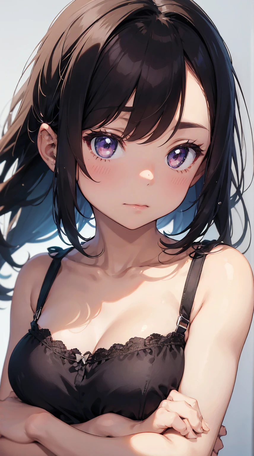 1girl,face out of frame,close up viewer,bare_shoulders, blush,lingerie bra,breast,closed_mouth, collarbone,looking_at_viewer,simple_background,small_breasts,solo,sun light,