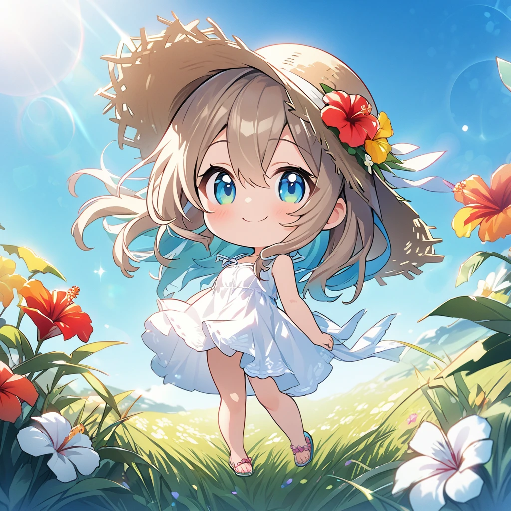 masterpiece, best quality, 4k、2D illustration, one beautiful girl, solo、(((chibi style)))、((vivid colors))、cute chibi, lovely chibi、((colorful))、((long beautiful hair)), glossy light brown hair, hair between eyes, cute, beautifully detailed eyes、((white summer dress))、((straw hat))、hibiscus hair ornament, flip-flops, ((happy smile))、((full body shot))、((summer grasslands))、((pretty flowers)), ((gentle breeze))、((blue sky))、sunbeam, white light, ((lens flare)), ((high color saturation)),