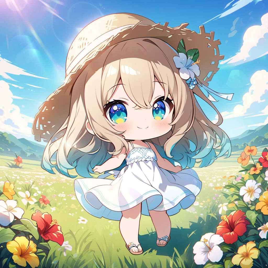 masterpiece, best quality, 4k、2D illustration, one beautiful girl, solo、(((chibi style)))、((vivid colors))、cute chibi, lovely chibi、((colorful))、((long beautiful hair)), glossy light brown hair, hair between eyes, cute, beautifully detailed eyes、((white summer dress))、((straw hat))、hibiscus hair ornament, flip-flops, ((happy smile))、((full body shot))、((summer grasslands))、((pretty flowers)), ((gentle breeze))、((blue sky))、sunbeam, white light, ((lens flare)), ((high color saturation)),