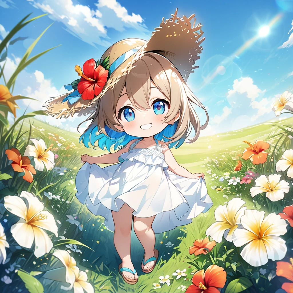 masterpiece, best quality, 4k、2D illustration, one beautiful girl, solo、(((chibi style)))、((vivid colors))、cute chibi, lovely chibi、((colorful))、((long beautiful hair)), glossy light brown hair, hair between eyes, cute, beautifully detailed eyes、((white summer dress))、((straw hat))、hibiscus hair ornament, flip-flops, ((happy smile))、((full body shot))、((summer grasslands))、((pretty flowers)), ((gentle breeze))、((blue sky))、sunbeam, white light, ((lens flare)), ((high color saturation)), 