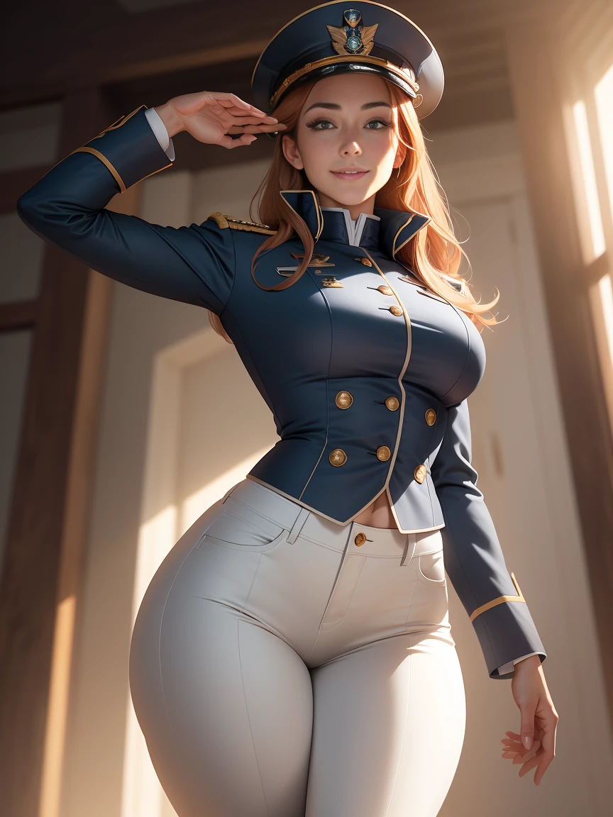 Watermark:JouliosJack
(pants,slim legs,(thick thigs:1.3),long legs:1.4)(medium breast:1.4)
(1girl:1.4), (sfw), (clothed), (masterpiece), illustration,(realistic:1.5), (specular lighting:1.4), (hyperrealistic:1.2), (photorealistic face:1.2), (perfect face), (best quality), (8k), (4k), photorealistic, sharp focus, octane render, best quality, extremely detailed, intricate, hyper detailed, fantasy, soft lighting,(medium breasts:1.4), (skindentation:1.3), Matilda Ajan from Gundam, Matilda Agen, Matilda Ajan, looking straight at viewer, tan full uniform, tan color uniform, tight off-white pants, slim body, perfect body, standing straight up, military attention, military salute, one hand down, tan officer uniform, tan military jacket, tan buttoned up jacket, perfect hands, military officer hat, tan color hat, warm smile, kind smile, gundam in the background, auburn hair, one hand down, cropped hair, thigh gap