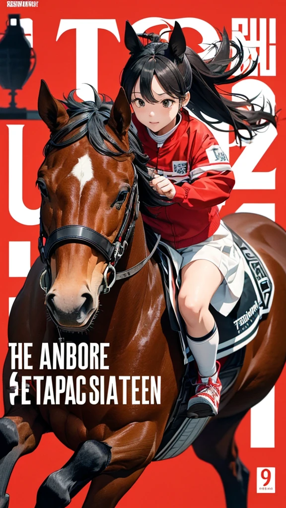 Horse-themed characters, サイバーパンク, オーバーサイズパーカー, Wearing big sneakers, whole body, Simple Background, Magazine cover style, Scarlet image color, Horse tail, Run at full speed, horse ears, With a horse&#39;s tail, run, With a tail, tachi-e, projected inset, UHD, best quality, highres, 8k
