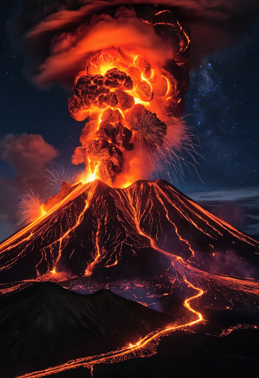 Nighttime volcanic eruption.