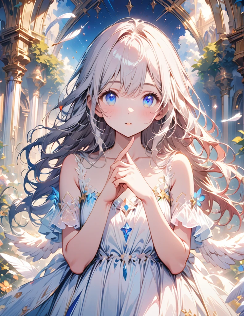 (best quality:1.2),(hands finger 5 digits:1.3),(extremely delicate and beautiful:1.3),(detailed ultra detailed:1.2),(scenery clear details:1.2),(scenery crystal clear :1.2),(solo),(blue eyes),(long white long hair),(white dress),(angel wings),(floating white feathers,starry sky),(clusters of stars,starry sky),(glinting stars),(solo),(long silver long hair),(best quality:1.2),(hands finger 5 digits:1.3),(extremely delicate and beautiful:1.3),(detailed ultra detailed:1.2),(scenery clear details:1.2),