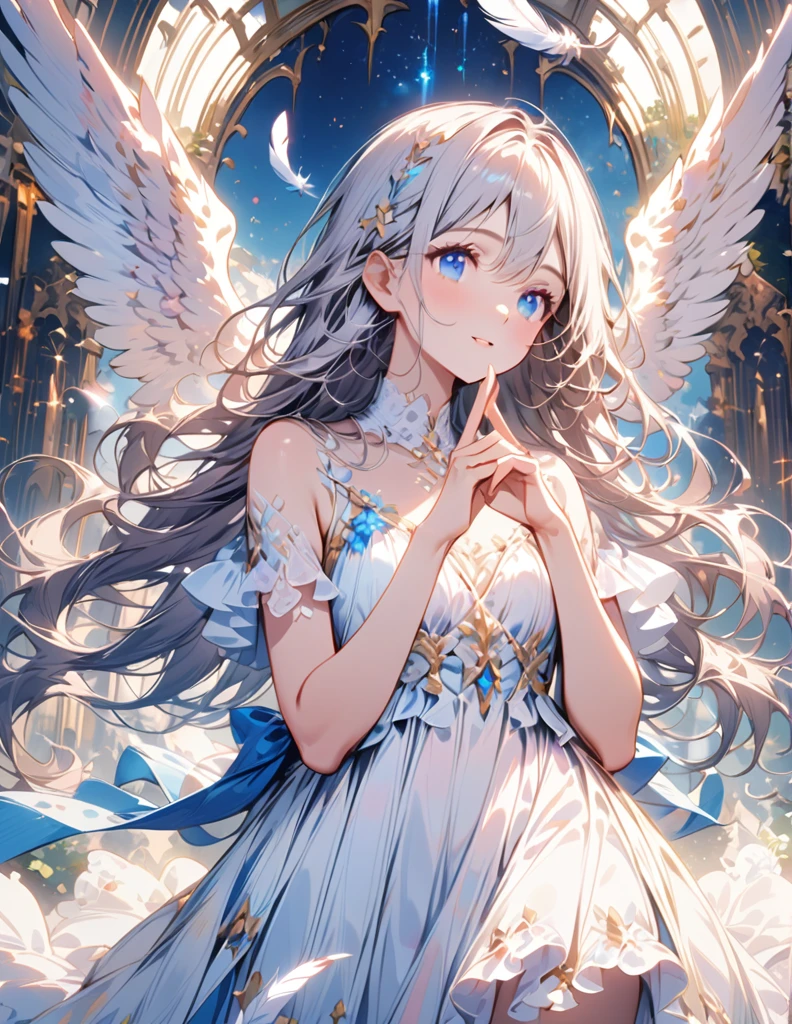 (best quality:1.2),(hands finger 5 digits:1.3),(extremely delicate and beautiful:1.3),(detailed ultra detailed:1.2),(scenery clear details:1.2),(scenery crystal clear :1.2),(solo),(blue eyes),(long white long hair),(white dress),(angel wings),(floating white feathers,starry sky),(clusters of stars,starry sky),(glinting stars),(solo),(long silver long hair),(best quality:1.2),(hands finger 5 digits:1.3),(extremely delicate and beautiful:1.3),(detailed ultra detailed:1.2),(scenery clear details:1.2),