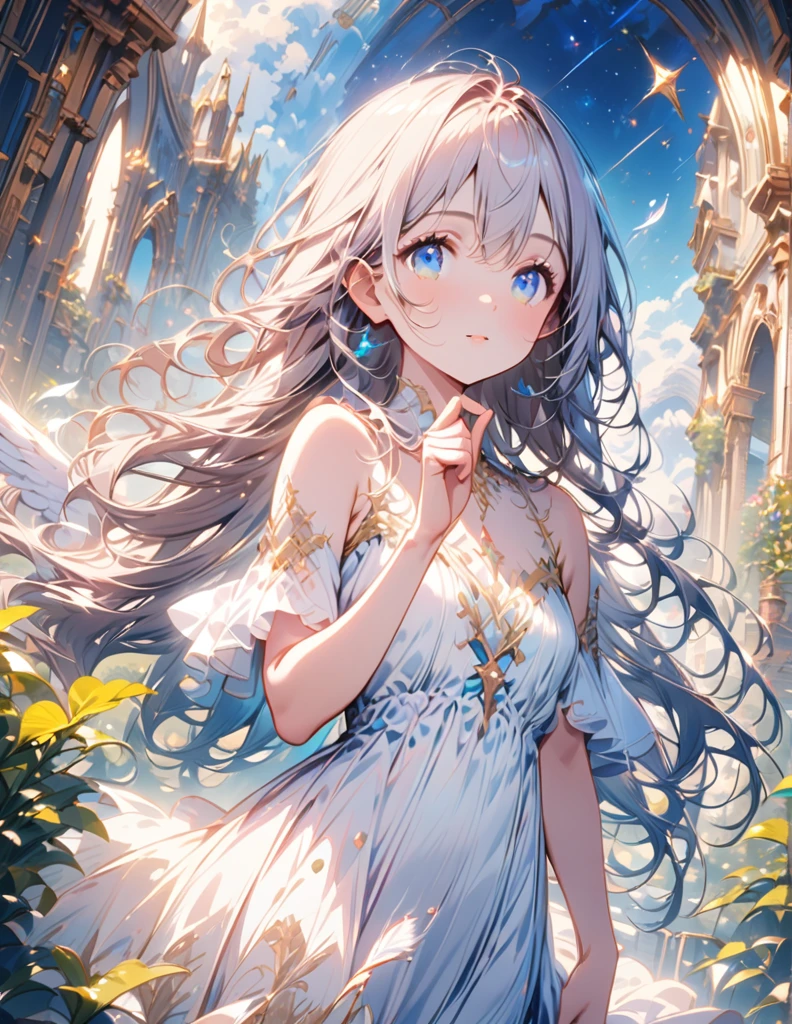 (best quality:1.2),(hands finger 5 digits:1.3),(extremely delicate and beautiful:1.3),(detailed ultra detailed:1.2),(scenery clear details:1.2),(scenery crystal clear :1.2),(solo),(blue eyes),(long white long hair),(white dress),(angel wings),(floating white feathers,starry sky),(clusters of stars,starry sky),(glinting stars),(solo),(long silver long hair),(best quality:1.2),(hands finger 5 digits:1.3),(extremely delicate and beautiful:1.3),(detailed ultra detailed:1.2),(scenery clear details:1.2),