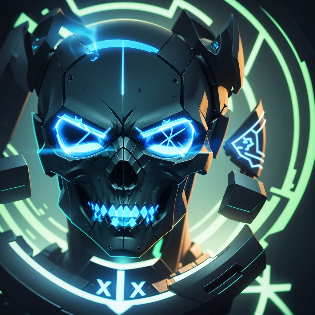 Blue led glowing skull, with a letter X passing through it in anime form,8k, with light green background