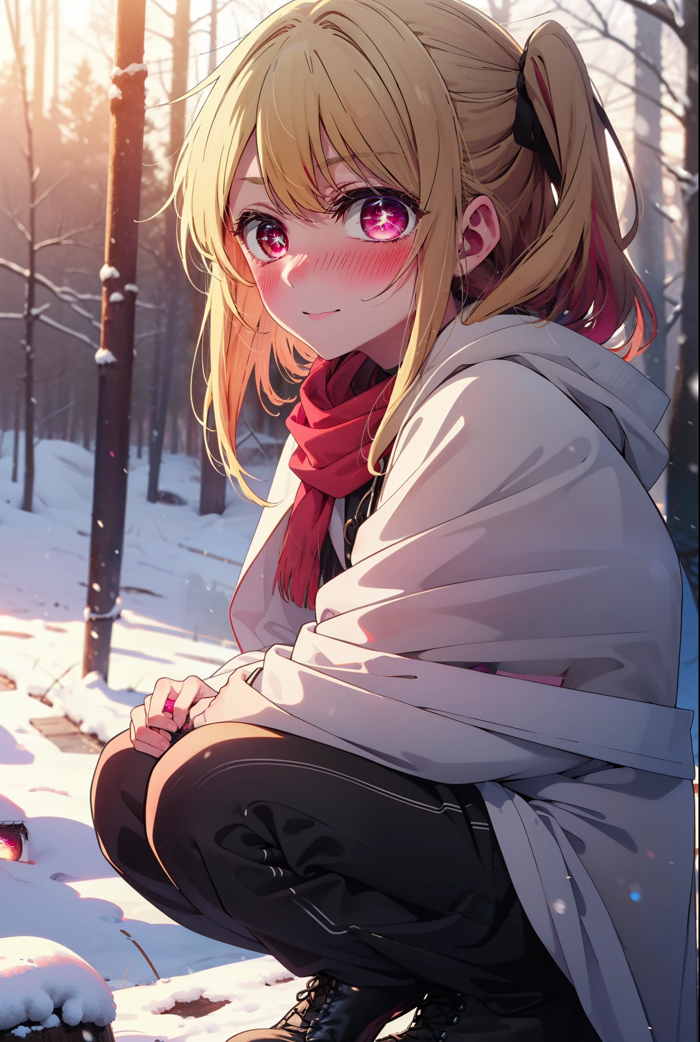 rubyhoshino, Hoshino Ruby, Long Hair, bangs, blonde, (Pink Eyes:1.3), Side Lock, (Symbol-shaped pupil:1.5), Multicolored Hair, Two-tone hair, smile,,smile,blush,white breath,
Open your mouth,snow,Ground bonfire, Outdoor, boots, snowing, From the side, wood, suitcase, Cape, Blurred, , forest, White handbag, nature,  Squat, Mouth closed, Cape, winter, Written boundary depth, Black shoes, red Cape break looking at viewer, Upper Body, whole body, break Outdoor, forest, nature, break (masterpiece:1.2), Highest quality, High resolution, unity 8k wallpaper, (shape:0.8), (Beautiful and beautiful eyes:1.6), Highly detailed face, Perfect lighting, Highly detailed CG, (Perfect hands, Perfect Anatomy),