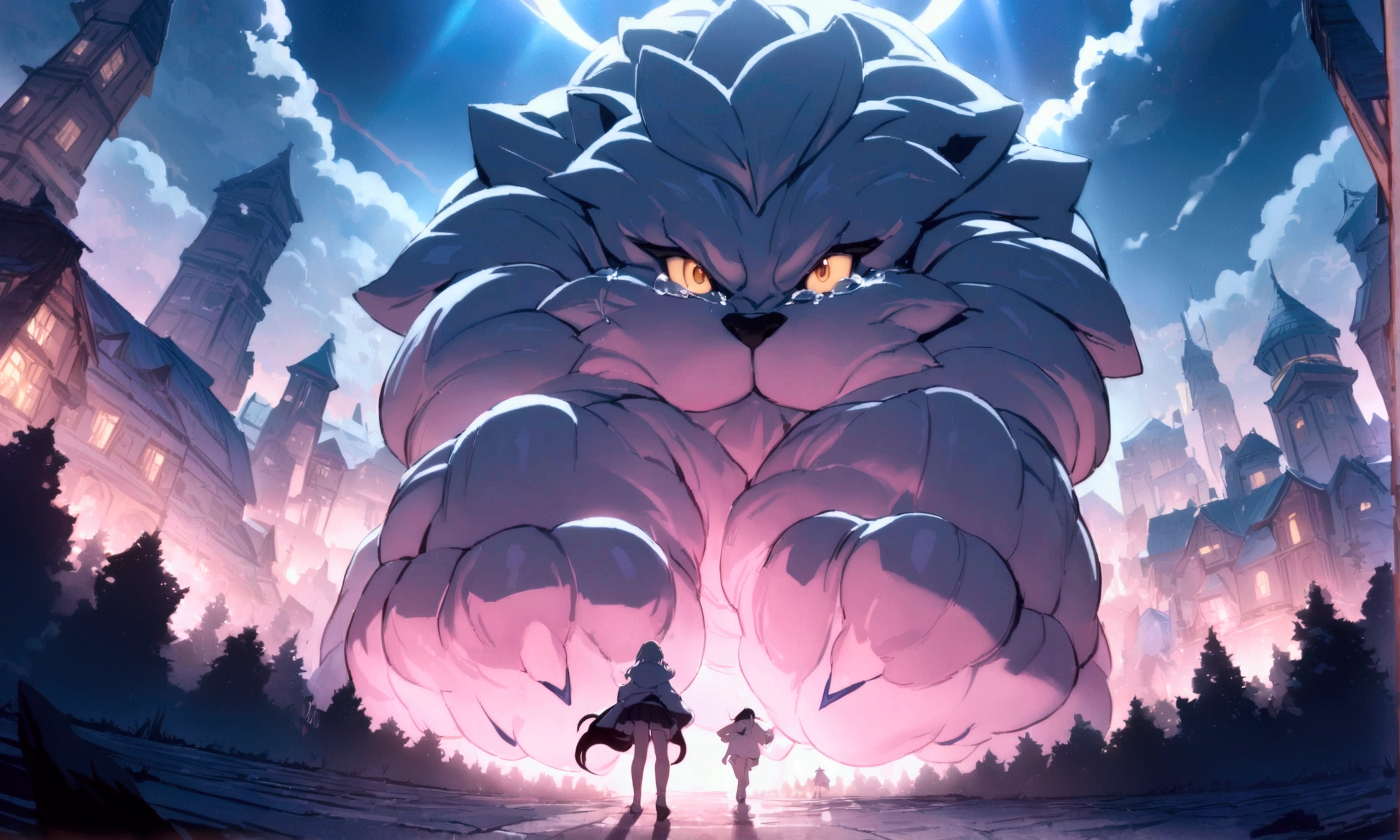 (best quality,4k,8k,highres,masterpiece:1.2),ultra-gigantic paw, A crying boy runs away towards us through the town almost being trampled by a ultra-gigantic paw, cinematic angle, anime, ultra-detailed,vivid colors,dramatic lighting,