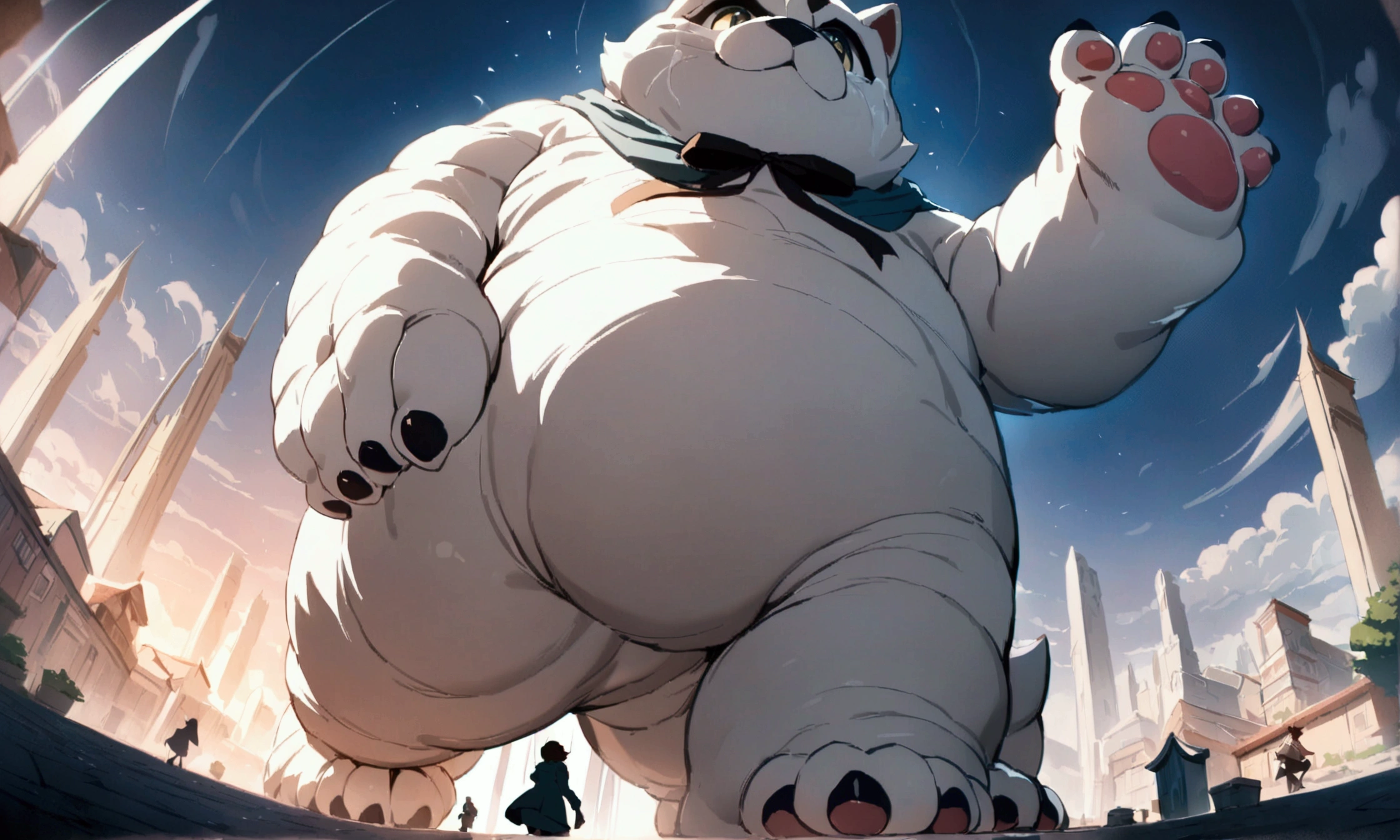 (best quality,4k,8k,highres,masterpiece:1.2),ultra-gigantic paw, A crying boy runs away towards us through the town almost being trampled by a ultra-gigantic paw, cinematic angle, anime, ultra-detailed,vivid colors,dramatic lighting,