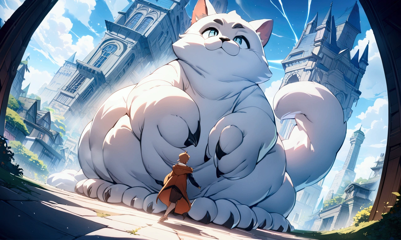 (best quality,4k,8k,highres,masterpiece:1.2),ultra-gigantic paw, A crying boy runs away towards us through the town almost being trampled by a ultra-gigantic paw, cinematic angle, anime, ultra-detailed,vivid colors,dramatic lighting,