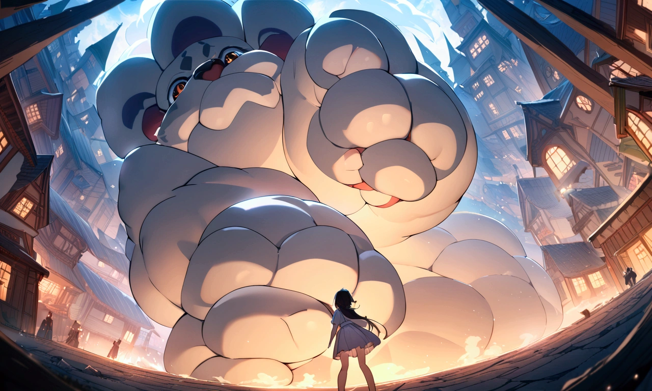 (best quality,4k,8k,highres,masterpiece:1.2),ultra-gigantic paw, A crying boy runs away towards us through the town almost being trampled by a ultra-gigantic paw, cinematic angle, anime, ultra-detailed,vivid colors,dramatic lighting,