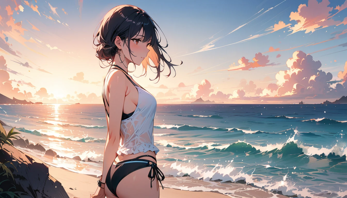 (masterpiece, Highest quality:1.2), 1 Girl, alone,Eyes open,Tropical atmosphere,Ocean,Swimwear