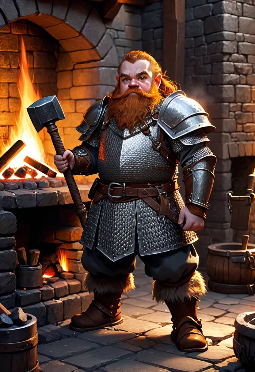 young dwarf with heavy chainmail armor. he is holding a hammer. he is standing in a forge with a fireplace. 