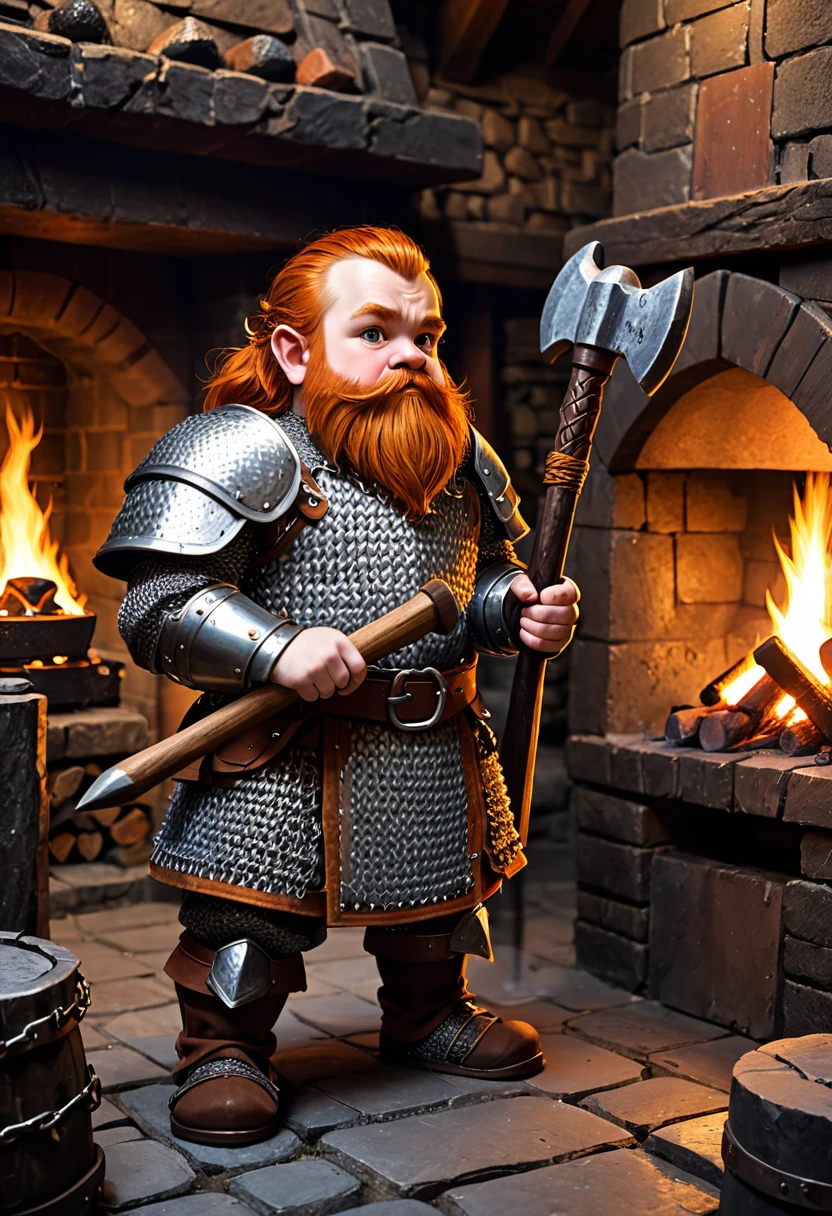 young dwarf with heavy chainmail armor. he is holding a hammer. he is standing in a forge with a fireplace.