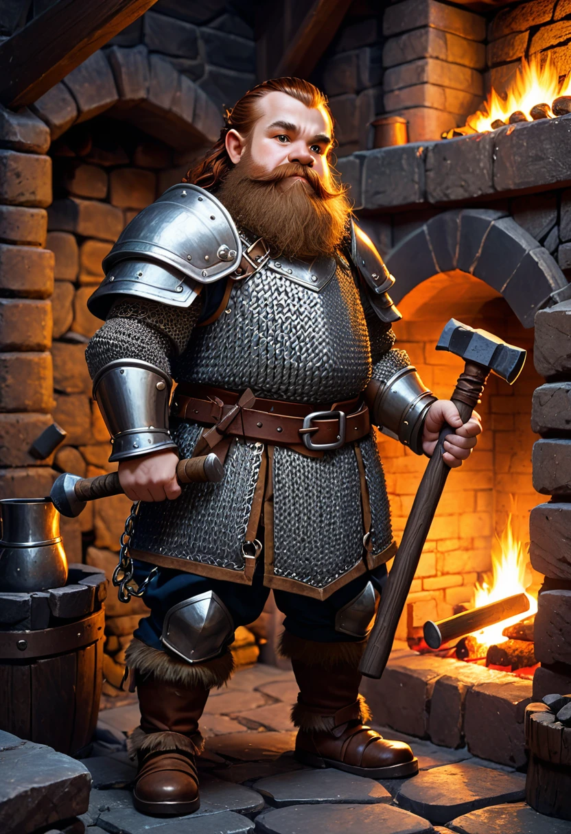 young dwarf with heavy chainmail armor. he is holding a hammer. he is standing in a forge with a fireplace. 