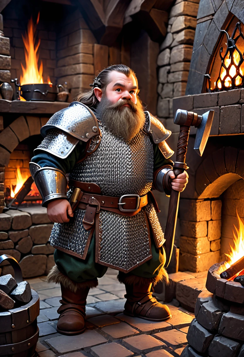 young dwarf with heavy chainmail armor. he is holding a hammer. he is standing in a forge with a fireplace.