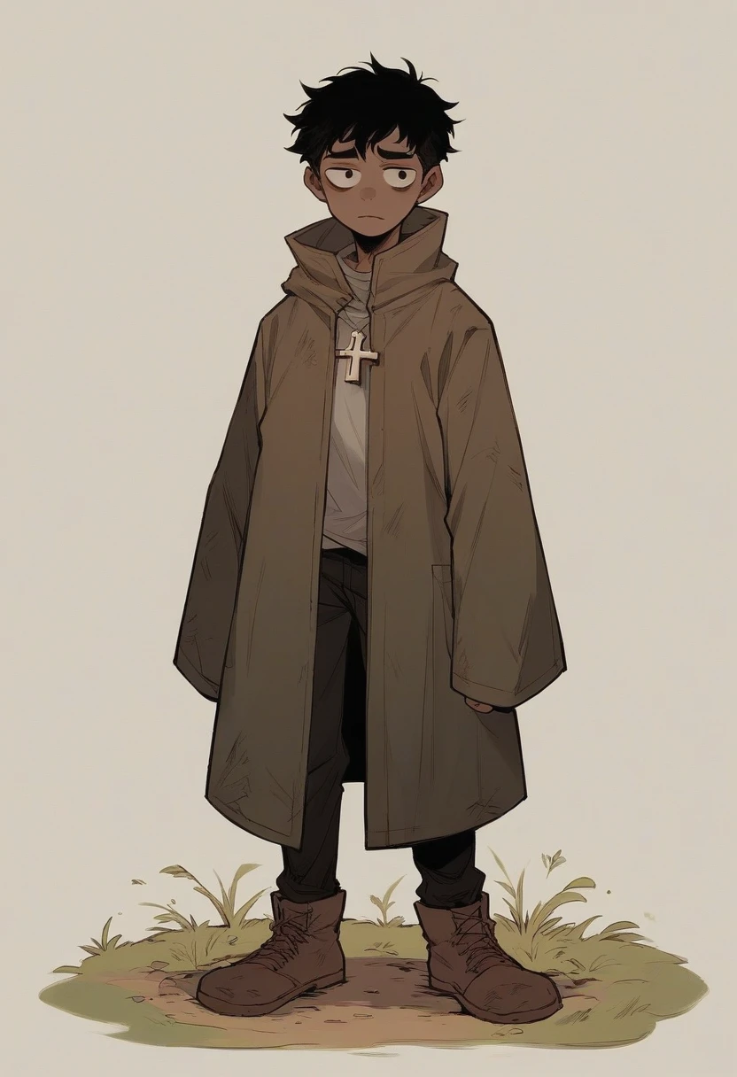 A young man with dark hair and curious eyes, wearing simple clothes, is standing at the end of a dirt path. Behind him, a peaceful landscape stretches as far as the eye can see. He points with a finger at an old, worn-out cross, firmly planted in the ground. The expression on his face mixes fascination and contemplation, as if the cross represented not just an object, but a symbol full of meaning and mystery.