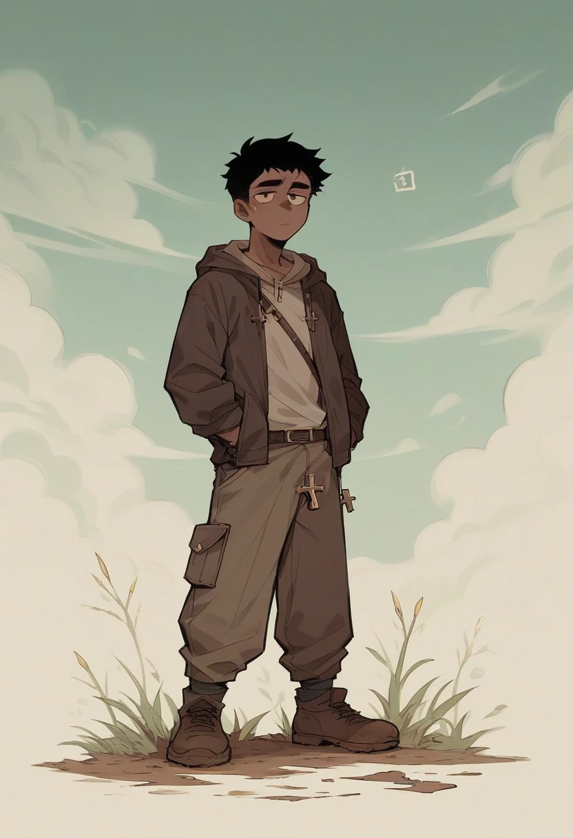 A young man with dark hair and curious eyes, wearing simple clothes, is standing at the end of a dirt path. Behind him, a peaceful landscape stretches as far as the eye can see. He points with a finger at an old, worn-out cross, firmly planted in the ground. The expression on his face mixes fascination and contemplation, as if the cross represented not just an object, but a symbol full of meaning and mystery.