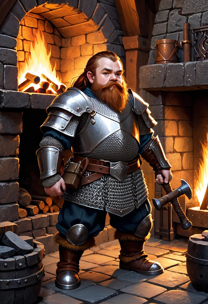 young dwarf with heavy chainmail armor. he is holding a hammer. he is standing in a forge with a fireplace.