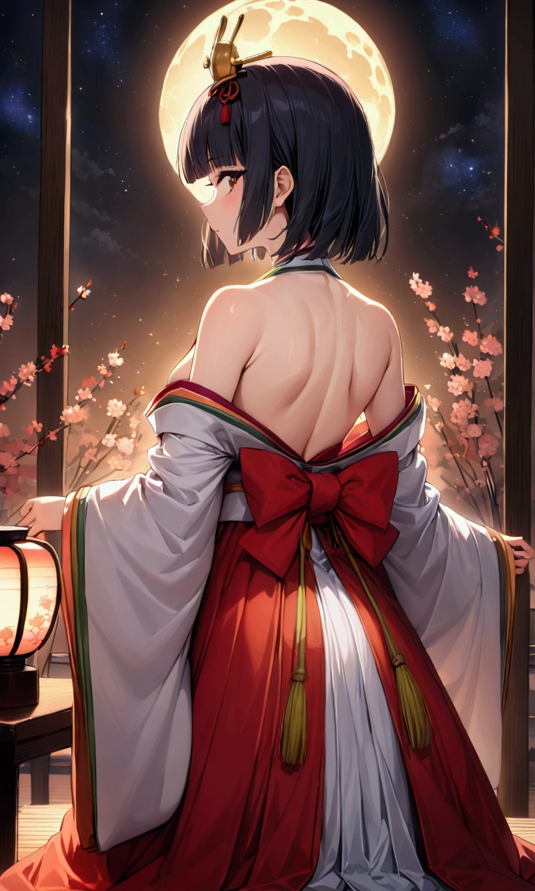 The World of Kaguyahime, (look at full moon:1.3), hinamatsuri ohinasama, (heian red:1.1) japanese clothes, wide sleeves, red (karaginumo:1.1), layered kimono, 1girl solo, beautiful detailed hair, black hair (hime cut:1.2) very long hair spread out, (masterpiece:1.2), best quality, high quality, ultra high res, (hyper detailed), absurdres, absolutely resolution, detailed details, detailed background, wide shot, cinematic lighting, beautifully lit, starry sky, light particles, (bamboo thicket:1.1), (stunning standing posture), (back focus), (back view), (back shot)