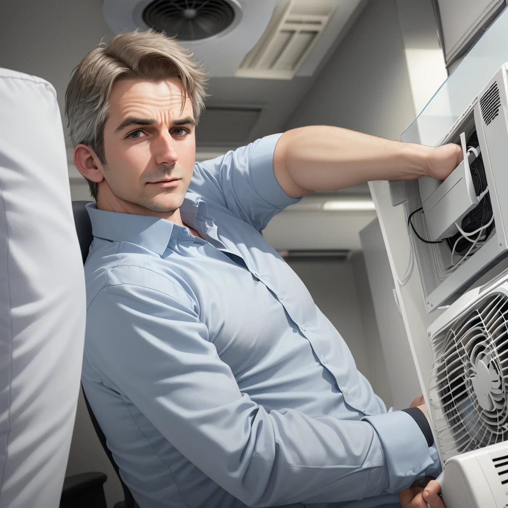 Man in the office turns on the air conditioner 